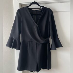 TopShop Romper, Polyester Black, Size 6, 3/4 Bell Sleeve, Back Zip, V Neck